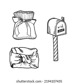 Illustrationen im Doodle-Stil zum Thema Neujahrsdekor, Briefkasten und Geschenke, Farbbuch, Symbole, Aufkleber