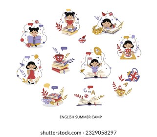 Eine Reihe von Illustrationen im Dodle Stil Sommer englische Camp. Die Kinder lernen Englisch. Einzeln auf weißem Hintergrund. Vektorgrafik.