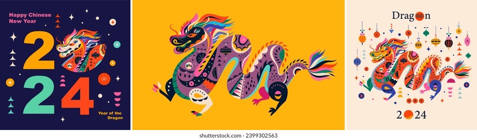 Conjunto de ilustraciones con dragones. Feliz diseño vectorial de Año Nuevo Chino 2024. Símbolo de 2024. Año del Dragón. 