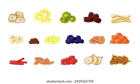 Set von Illustrationen von getrockneten Früchten in einem flachen Cartoon-Stil, isolierte Vektor-Ikonen von Rosinen, Datteln, Aprikosen, Süßigkeiten und Dessert Snacks für das Design und Dekor а Kochbuch, Website und Menü.