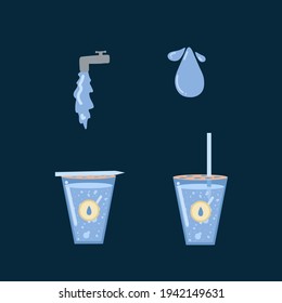 Un conjunto de ilustraciones con agua potable. Colección para postales con tazas de plástico. Doodle vectorial con gotas y del grifo con agua potable. Ilustración del vector