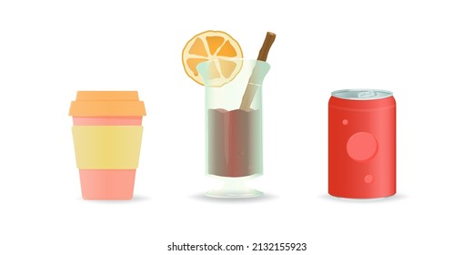 A set of illustrations of drinks of different types and in different packages. Stock vector illustration. Isolated white background.
