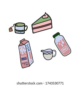 Conjunto de ilustraciones de bebidas y comida. Ilustración para la demostración en la cocina de una taza de té, leche en diferentes recipientes con la inscripción, torta