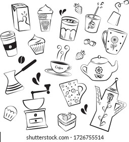 Set of illustrations with drinks and sweets.