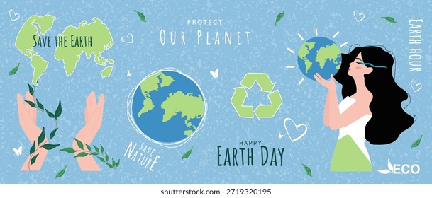 Un conjunto de ilustraciones para el Día de la Tierra: un planeta, un mapa, manos con plantas, un símbolo de reciclaje y una mujer sosteniendo la Tierra. El concepto de protección del medio ambiente, ecología y conservación de la naturaleza.