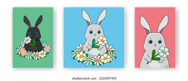 A set of illustrations, an Easter bunny with flowers. Vector illustration