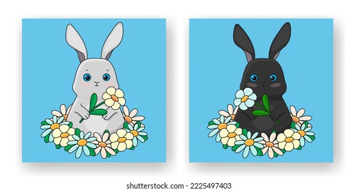 A set of illustrations, an Easter bunny with flowers. Vector illustration