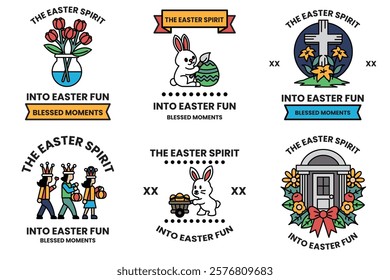 A Set of illustrations in Easter concept in line drawing style