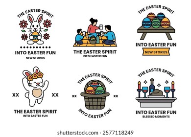 A Set of illustrations in Easter concept in line drawing style