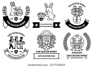 A Set of illustrations in Easter concept in line drawing style