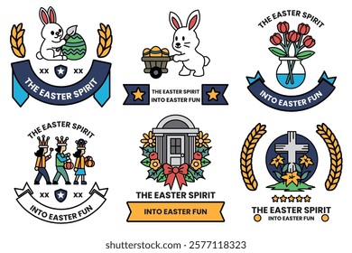 A Set of illustrations in Easter concept in line drawing style