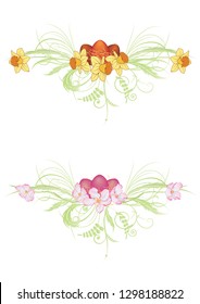 set of illustrations with Easter eggs, apple, narcissus flowers and fresh green grass, EPS 10