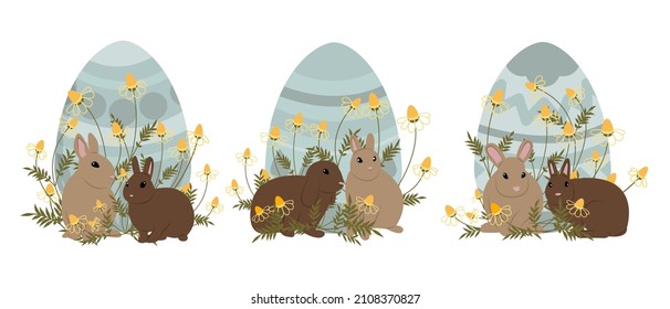 Set of illustrations for Easter. Pair of Easter Bunnies are sitting near a large decorated Easter egg in a thicket of daisies in line art style. vector illustration