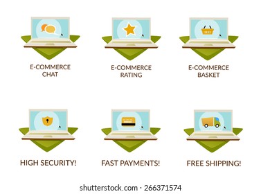 Set of illustrations. Ecommerce laptop on basement illustration. Vector illustration.