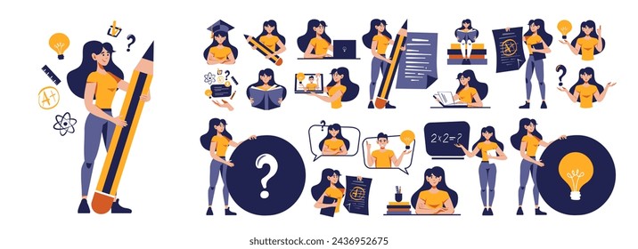 Set of illustrations for education, studying, knowledge, student, learning, teaching concept. Flat style vector illustration. 