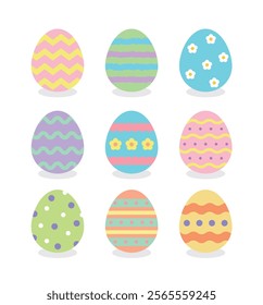 A set of illustrations of eggs used in Christian Easter ceremonies. Eggs with various patterns painted on them are exchanged to celebrate the resurrection and bless the other person.