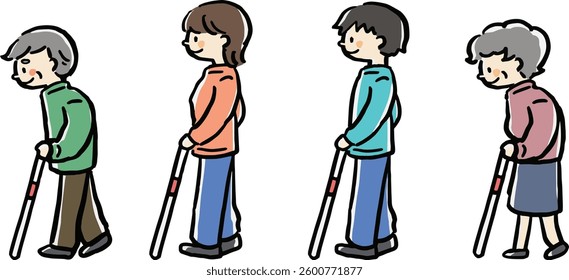 A set of illustrations of an elderly man walking with a guide dog (with and without a white cane).