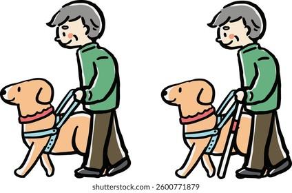 A set of illustrations of an elderly man walking with a guide dog (with and without a white cane).