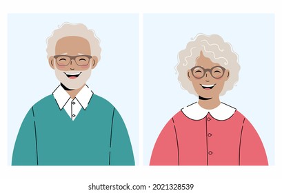 Set of illustrations: an elderly woman and an elderly man with glasses. Great for avatars.