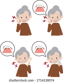 Set of illustrations of an elderly woman suffering from severe periodontal disease	