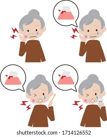Set of illustrations of elderly women bleeding with periodontal disease	