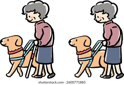 A set of illustrations of elderly women walking with guide dogs (with and without white canes).