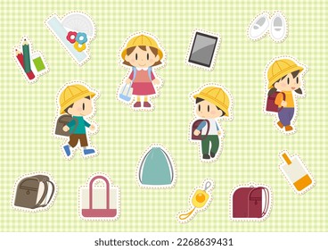 Set of illustrations of elementary school boys and girls and tools used at school, embroidered badge style
