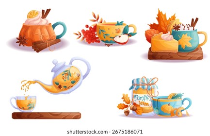 A set of illustrations with elements of autumn, autumn food and drinks . Isolated vector illustration for seasonal design of postcards, banners, posters and promotions.