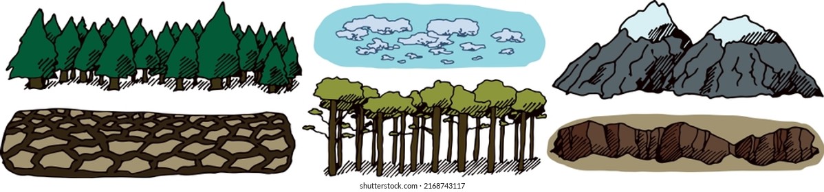A set of illustrations of elements for the landscape. Forest, mountains, desert, crack in the ground, sky with clouds, eps ready to use. For your design