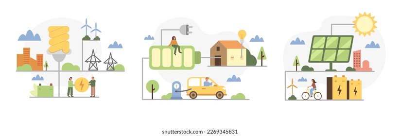 Set of illustrations with elements for sustainable green energy. Eco friendly urban infrastructure. Environment conservation resource. Electric car and green circular economy benefits. Vector