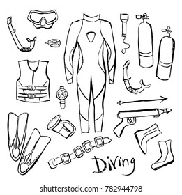 A set of illustrations of equipment for diving.