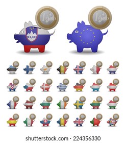 set illustrations of a euro coin piggy banks entering countries