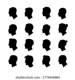 Set of illustrations of european and asian and also afro-american nationality male profiles. Vector black silhouette portraits of men. Avatars on white background.