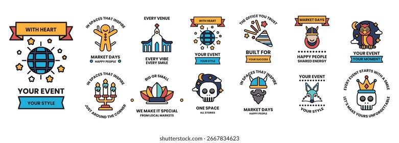 Un conjunto de ilustraciones en el concepto de eventos y fiestas en estilo de línea