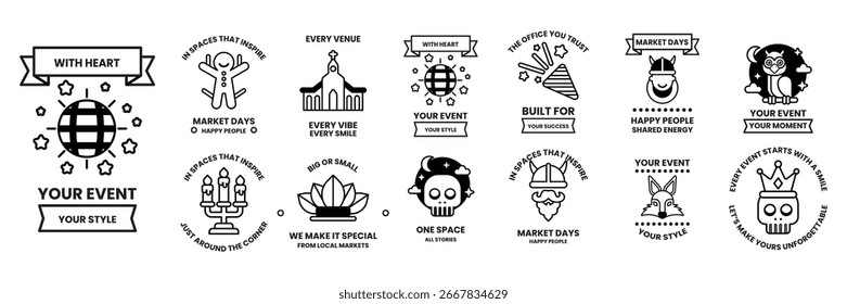Um conjunto de ilustrações em eventos e conceito de partes no estilo de linha