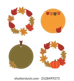 A set of illustrations of fallen leaves, garlands and label design frames and borders in the concept of autumn season.