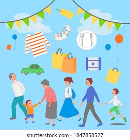 Set of illustrations for families going out to shopping centers and event fairs