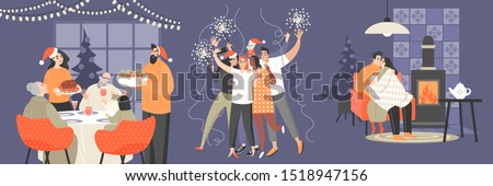 Set of illustrations with family, a group of friends and a couple celebrating Christmas and New Year. Cartoon characters for holiday cards and banners.