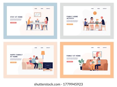 A set of illustrations of family leisure in everyday life. A happy family stays at home during the epidemic or on weekends. Vector landing page templates for web design.