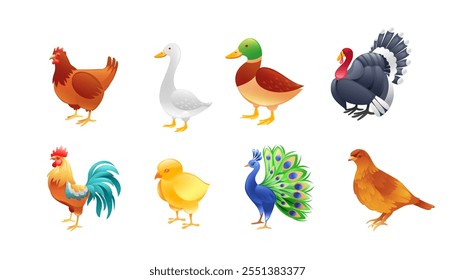 Conjunto de ilustrações de aves da fazenda, galinha, pato, ganso, peru, galo, pavão, galinha, codorna, realista no estilo 3d.