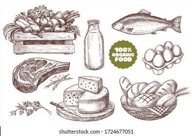 
Set of illustrations of farm products. Natural products: meat, cheese, bread, milk, eggs, fish, vegetables. Vintage design.