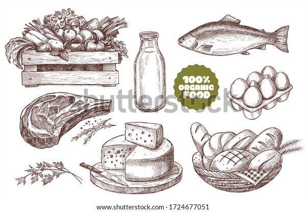\
Set of illustrations of farm products. Natural\
products: meat, cheese, bread, milk, eggs, fish, vegetables.\
Vintage design.