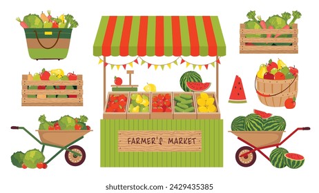 A set of illustrations of farm vegetables, fruits and a shopping stall. A farm cart with local food. Watermelons, apples, lemons in the farmer's market. Vector clipart.