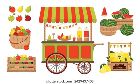 Un conjunto de ilustraciones de verduras de granja, frutas y un carrito de compras de la calle. Un puesto de granjeros con comida local. Sandías, manzanas, limones en el surtido. Vector clipart.