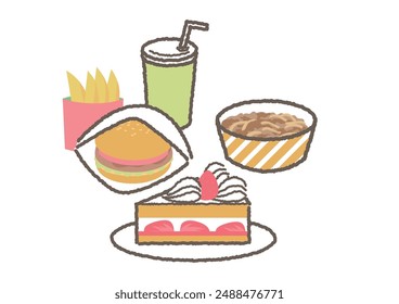  Set of illustrations of fast food, cakes, and other foods that are bad for you