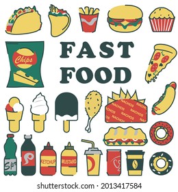 A set of illustrations of fast food, ice cream, drinks. Six colors. Vector icons.