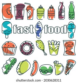 A set of illustrations of fast food, ice cream, drinks. Simple colors abstract shapes. Vector flat icons