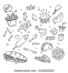 Set of illustrations of fast food. Pizza, sushi, hamburger, chips, coffee, hot dog, French fries, tortilla, chicken. Vector illustration
