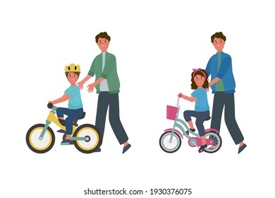 A set of illustrations of fathers teaching children to ride a bicycle. Drawing with girls and boys bicycling. Poster of a parent's help in learning to ride a bike. Vector illustration