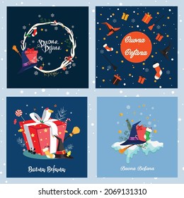 Set of illustrations for the feast of Epiphany. With the words "Good Epiphany". Italian Christmas tradition. vector illustration